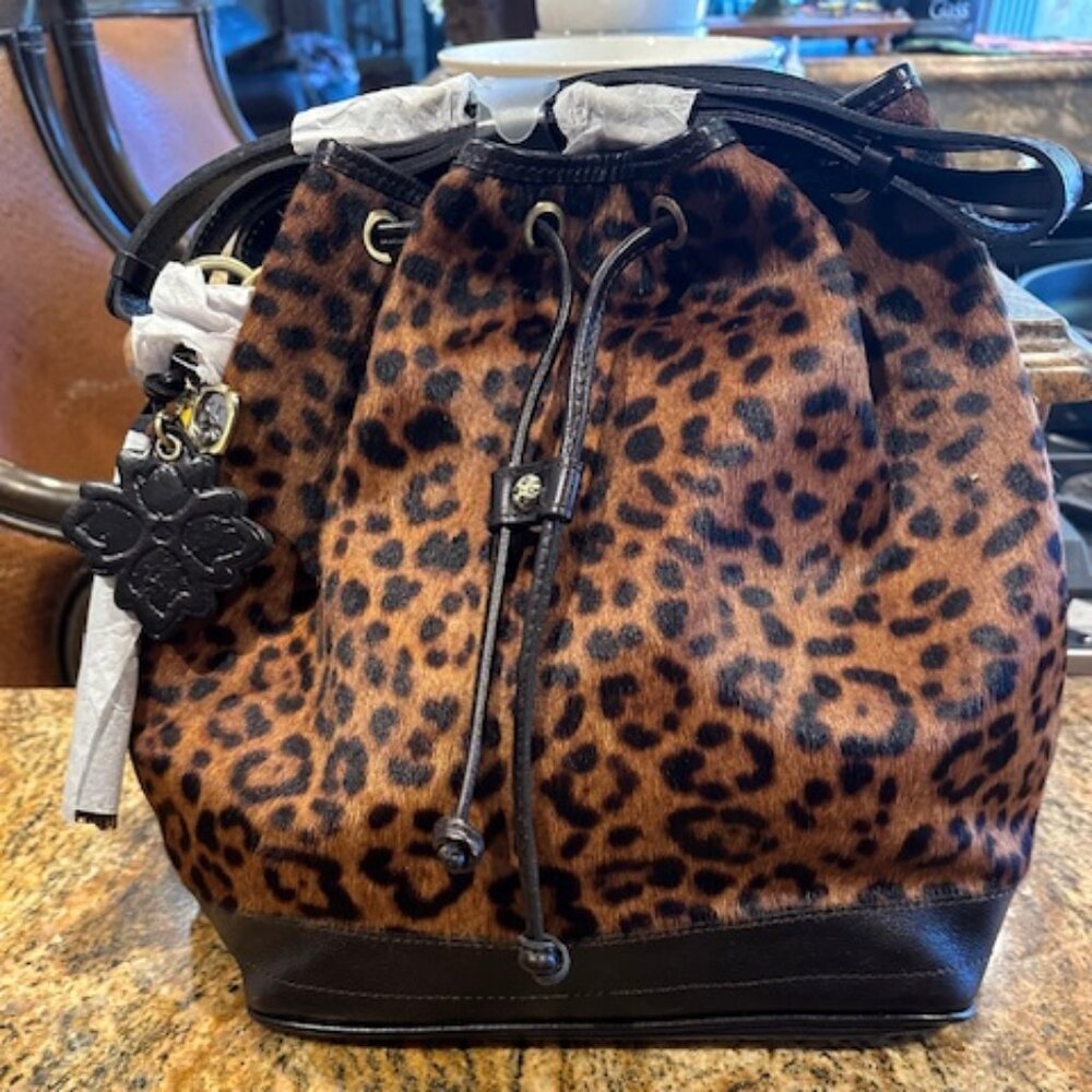 NWT Patricia Nash Leather Leopard Melrose Cow Hair Bucket Bag